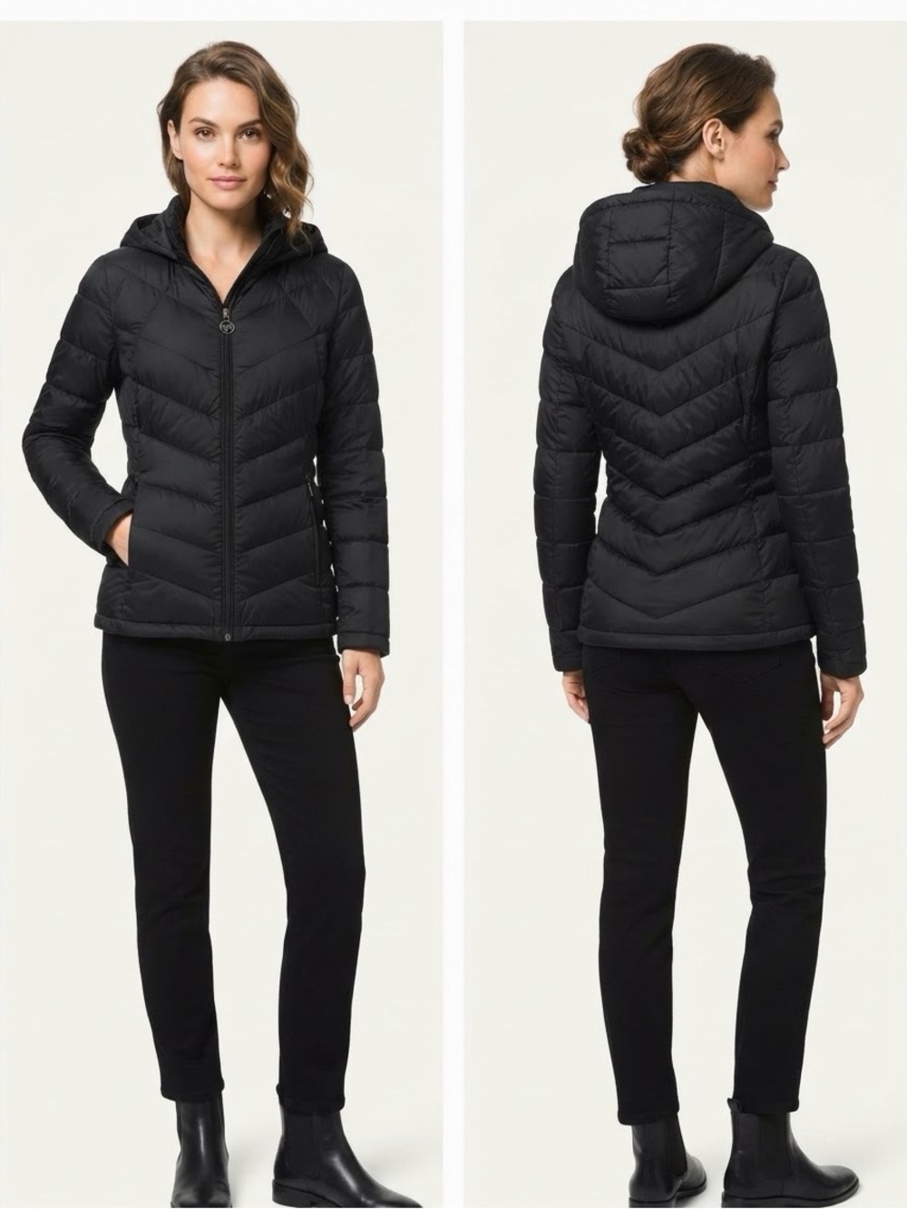 MICHAEL KORS WOMEN DOWN‎ FILL LIGHTWEIGHT QUILTED JACKET HOODED ZIPPED IN BLACK